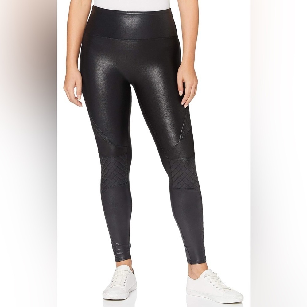 SPANX Women's Quilted Faux Leather Leggings, Moto, Very Black Size L